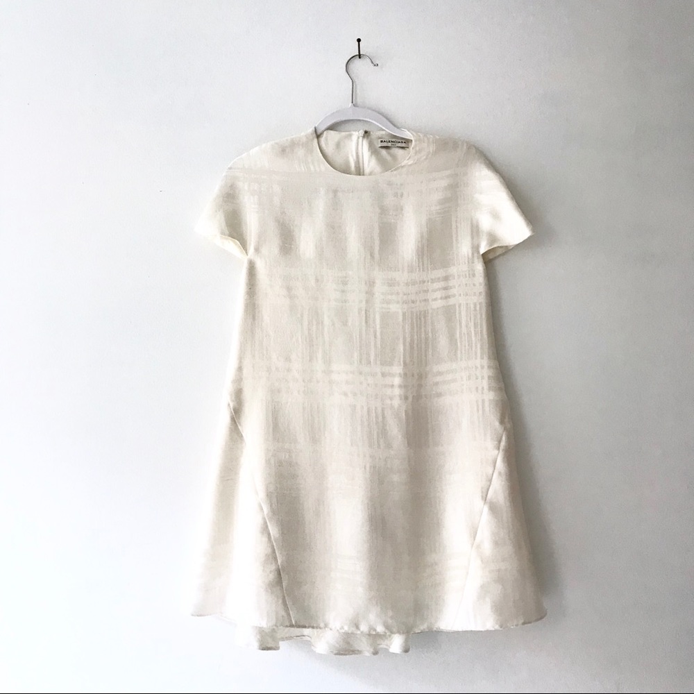 Balenciaga White Silk Plaid Shift Dress - Picture 4 of 5